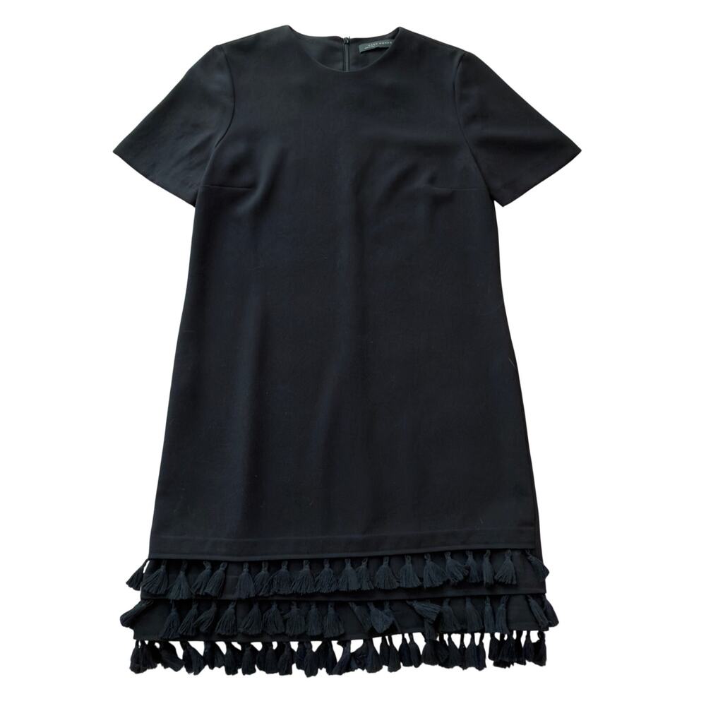 ZARA Woman Black Tassel Hem Shift Dress Short Sleeve Size XS